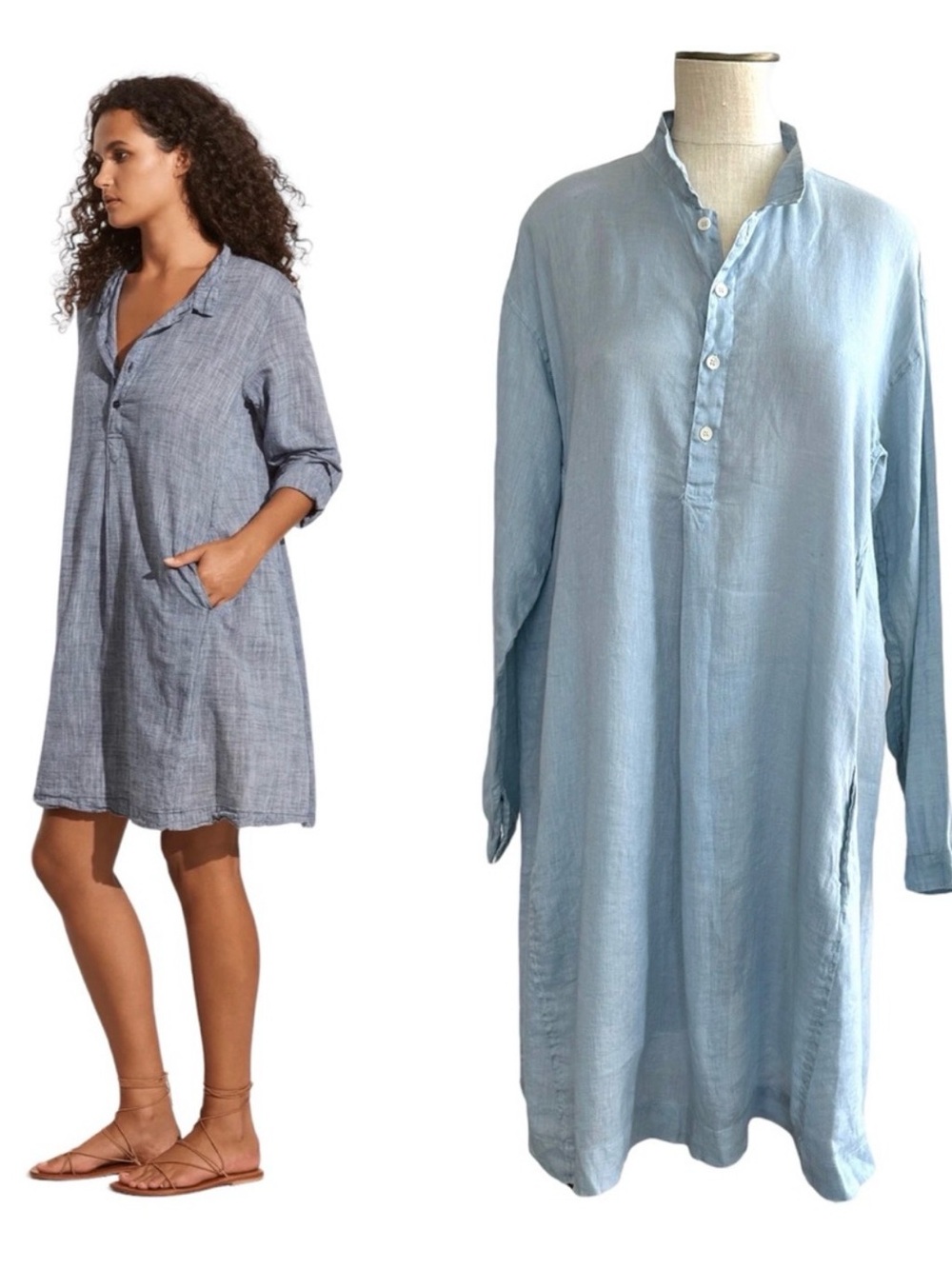 CP Shades Jasmine Tunic Blue Linen Relaxed Fit A-line Dress S